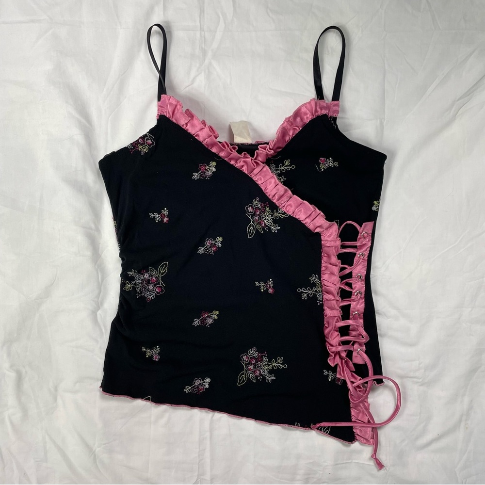 y2k pink and black corset front tank top black orchid
